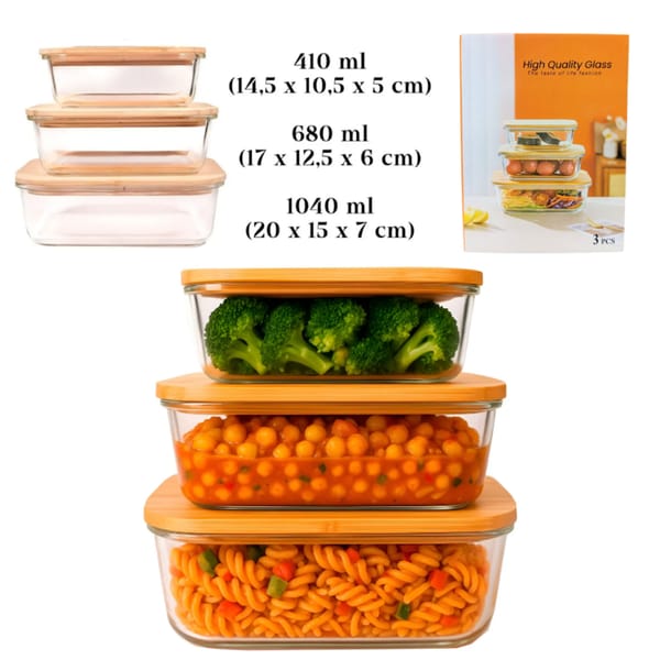 Set Tupper Vidrio Hermético Tapas Bambu S-2193