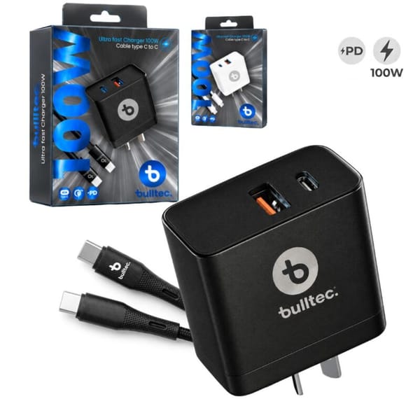 Cargador 100W Rápido BULLTEC con Cable C a C Doble Puerto ULTRA FAST