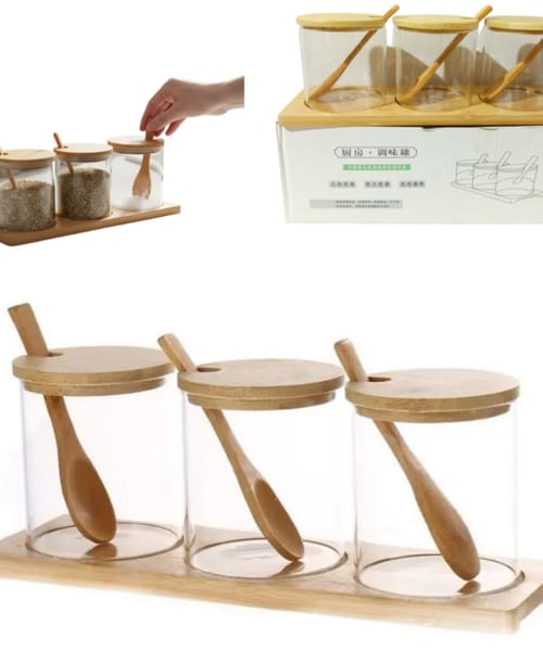 SET DE FRASCOS DE VIDRIO CON TAPA MADERA AD47901