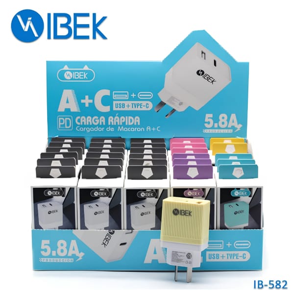 Cabezal Cargador Puerto USB + Tipo C 5.8A IBEK IB-582