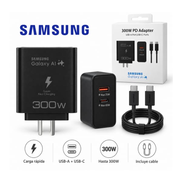 Cargador SAMSUNG Galaxy AI 300W PD ADAPTER Doble Puerto con Cable