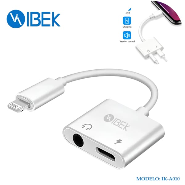 ADAPTADOR PARA AURICULAR 3.5MM Y CARGADOR LIGHTNING CARGA RÁPIDA PD IK-A010 IBEK